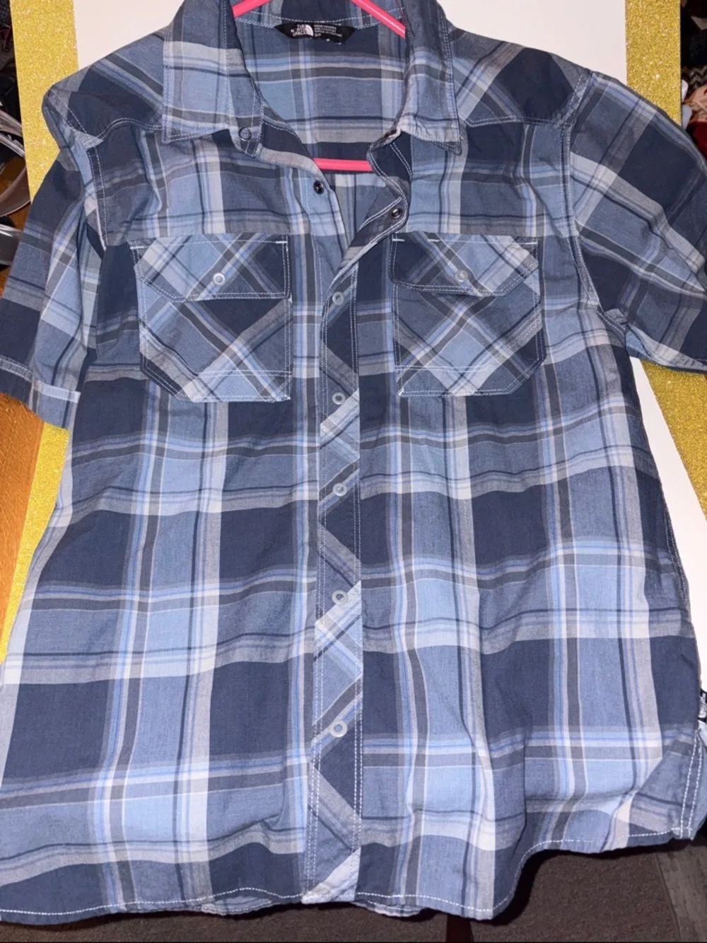 The North Face Blue Plaid Short-Sleeve snap-Down Shirt